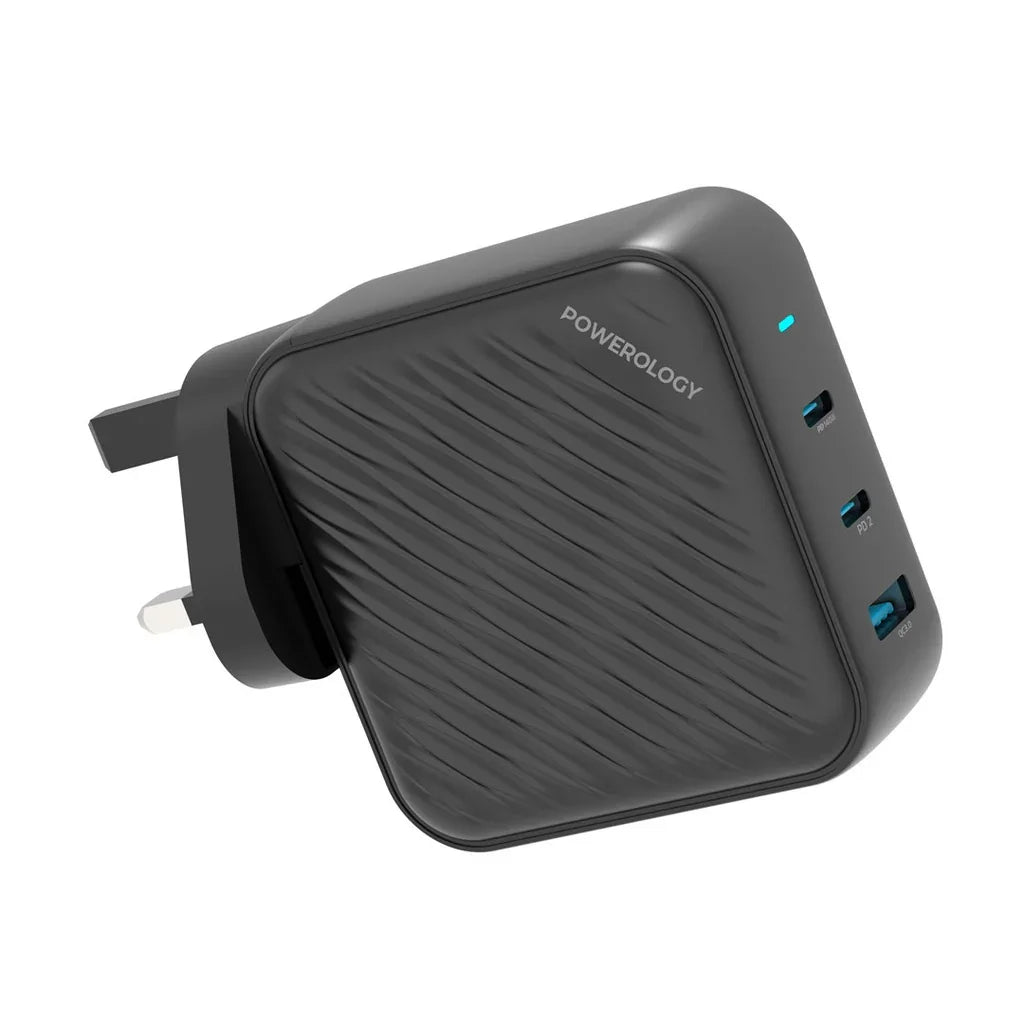 Powerology 140W PD QC 2xUSB-C and 1xUSB-A GaN Charger UK - Black - Tashqila Powerology 140W PD QC 2xUSB-C and 1xUSB-A GaN Charger UK - Black - Tashqila